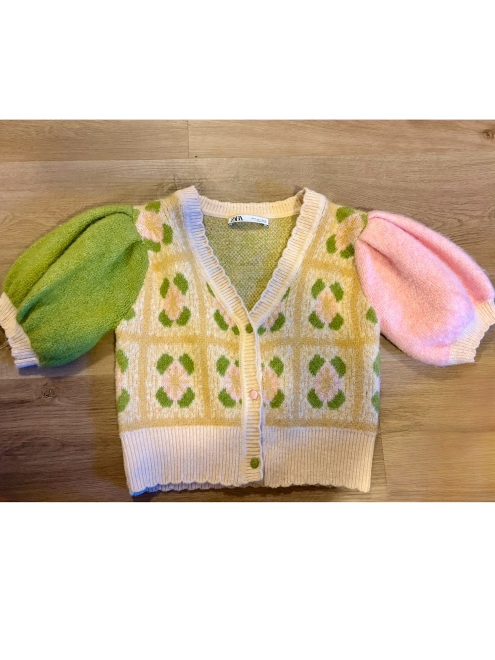Zara Cream Cardigan with Pink and Green Puff Sleeves S